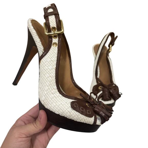 Zara Woman Brown Leather Tassel Heels Size 39 EU / 8.5 US Platform Woven - Picture 1 of 9